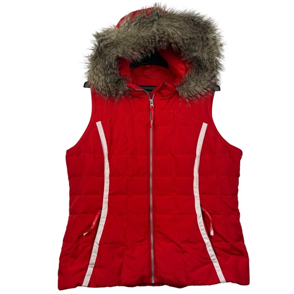 Eddie Bauer Jackets & Blazers - Eddie Bauer Womens L Down Faux Fur Hooded Puffer Vest Red White Trim Full Zip